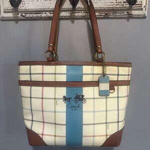 Vintage Coach Tattersall Checkered Shoulder purse  - Cream, Blue, and Brown